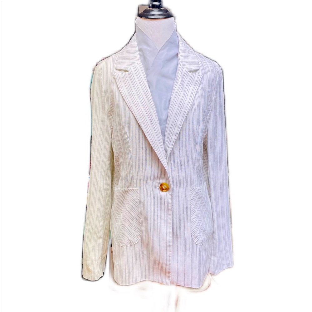 Honey Punch Women's White & Black Striped Linen Blend Blazer Size Medium